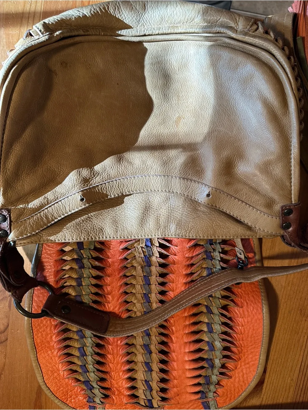 Frye Tan Leather Shoulder Bag with Multicolor Braided Tassel